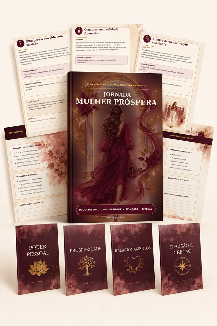 Jornada Mulher Próspera — livro principal com os 21 dias e os 4 workbooks temáticos: Poder Pessoal, Prosperidade, Relacionamentos e Decisão e Direção
